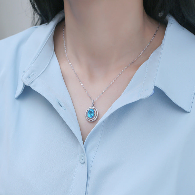 S925 Sterling Silver Light Luxury High-definition Ocean Heart Blue Topaz Necklace Inlaid Moissanite Jewelry