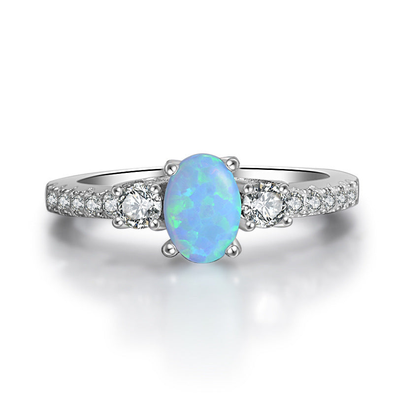 Silver S925 Color Diamond Opal Stone Three Diamond Ring