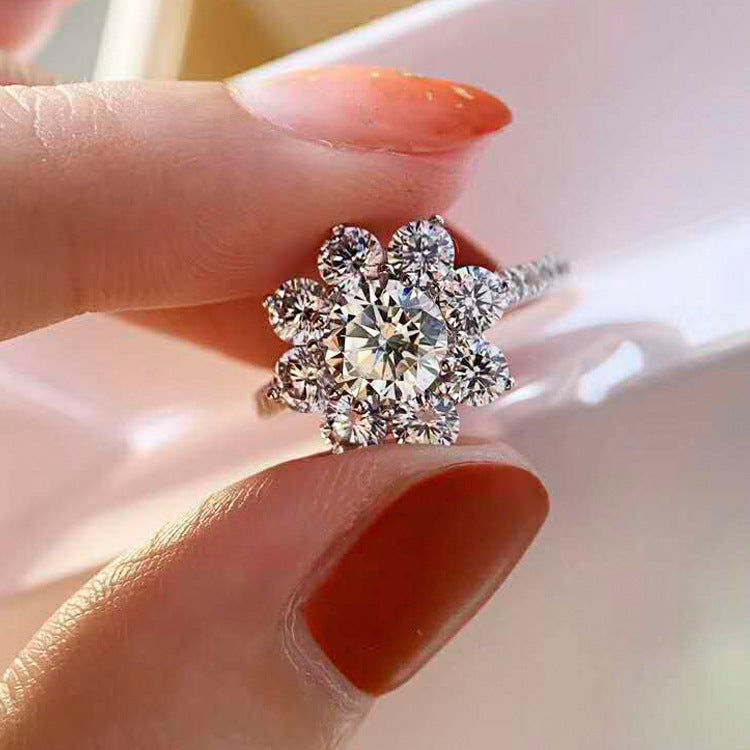Diamond High Carbon Diamond 2 Karat SUNFLOWER Sterling Silver Ring