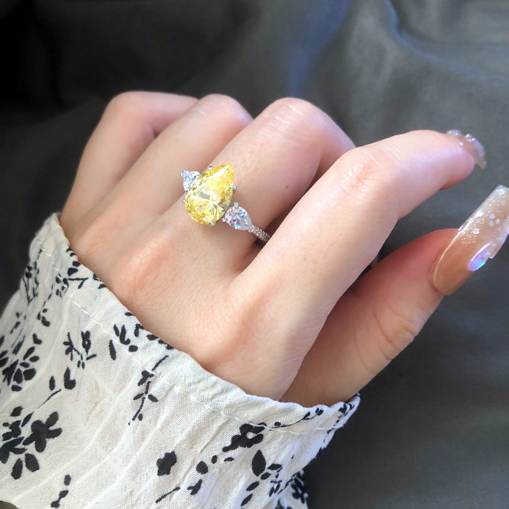 Drop-shaped Yellow Diamond Ring Female Sterling Silver Ledean Cutting High Carbon Diamond Ring